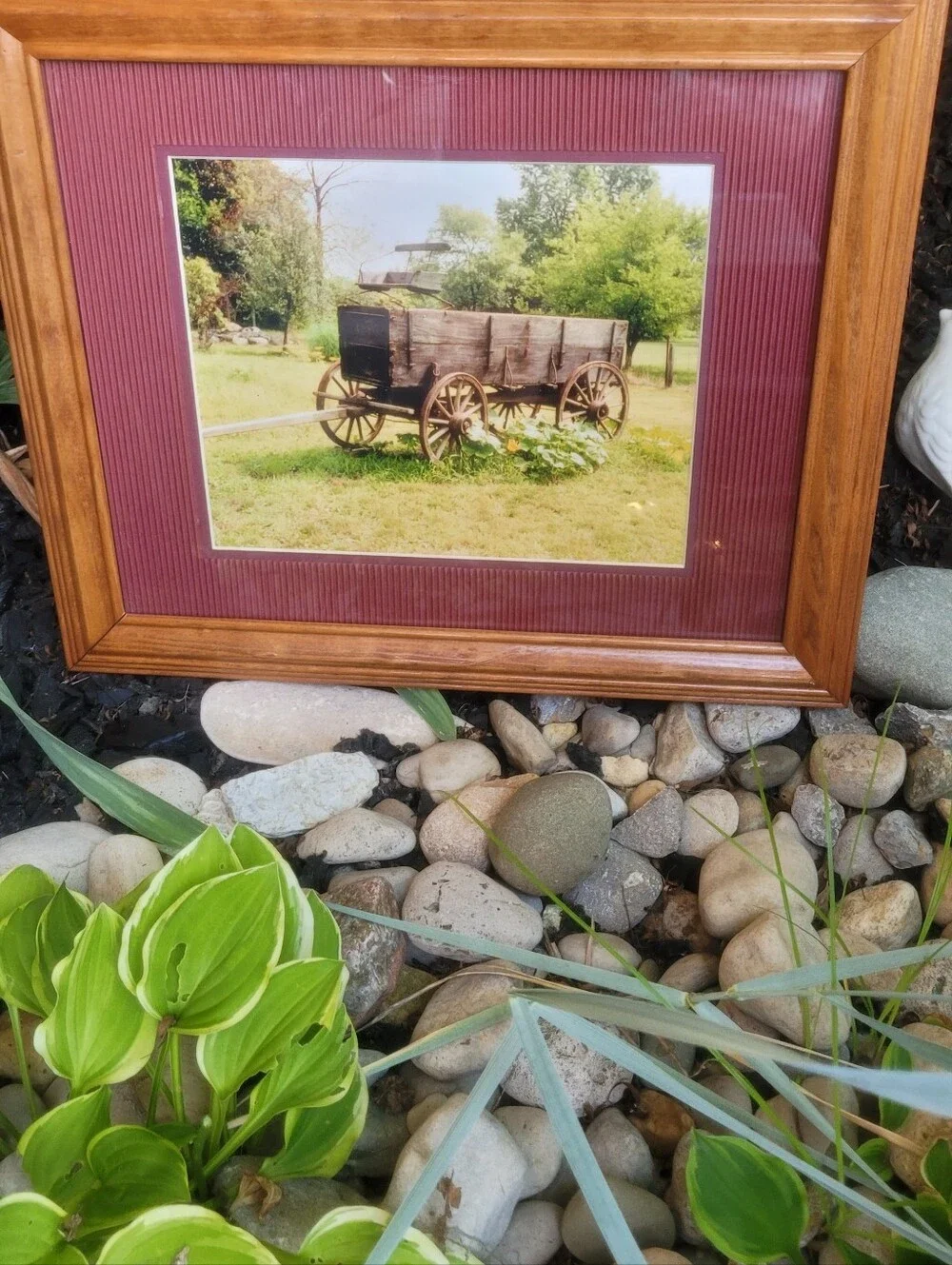 Wood Frame Rustic Wagon Print in Burgundy Mat